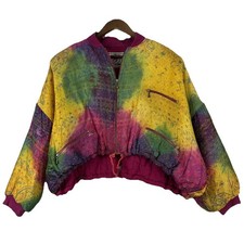 Vintage 80s Tie Dye Bomber Cropped Jacket Womens XL - 2XL Paisley Sparkle Chunky