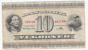 DENMARK  10 KRONER BANKNOTE  1954-5  P44d    FINE