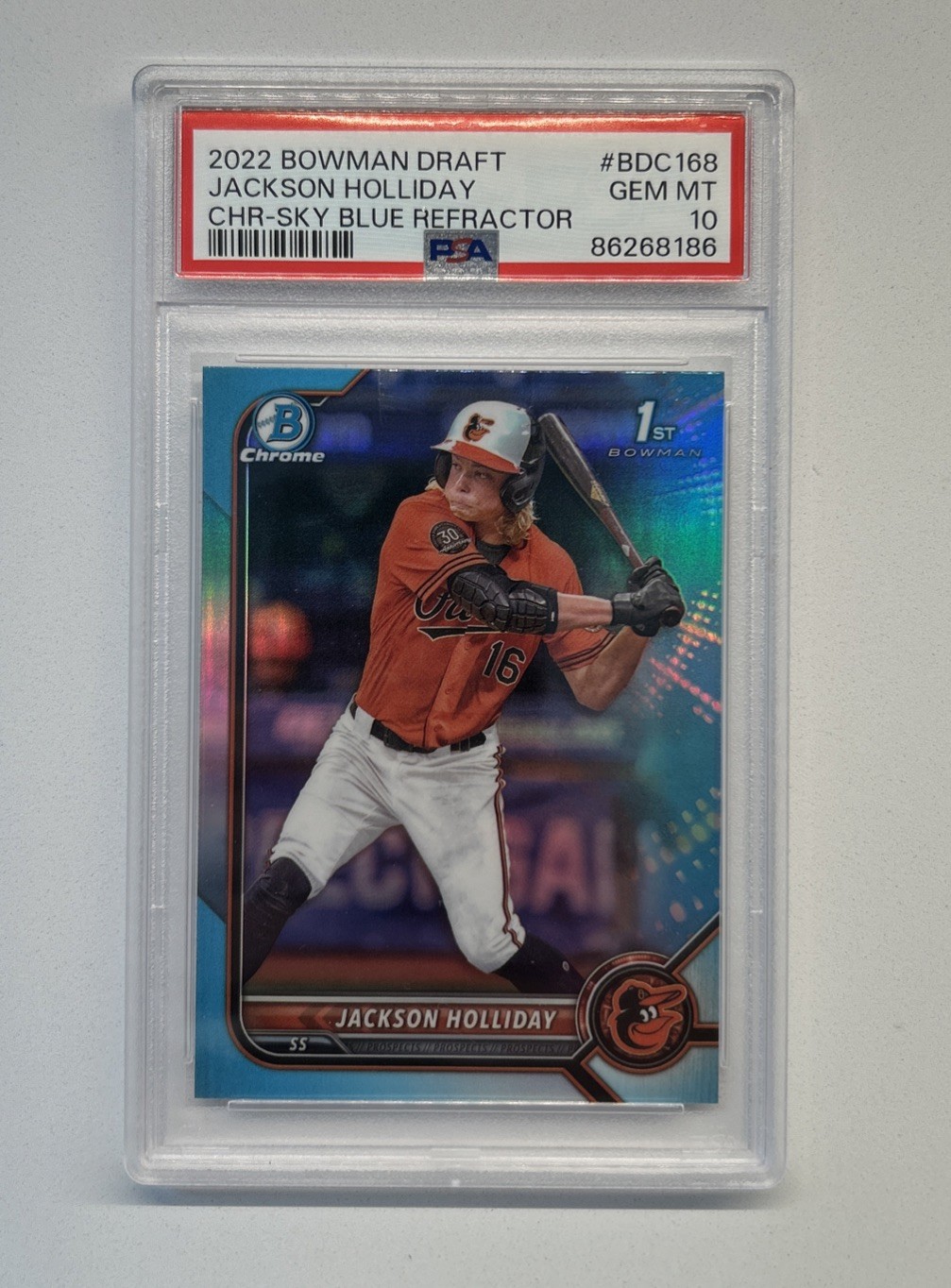 2022 Bowman Draft Jackson Holliday Chrome Sky Blue Refractor 1st #BDC-168 PSA 10