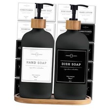 Glass Soap Dispenser Set - Kitchen Soap Black Bottle / Bamboo Pump and Tray