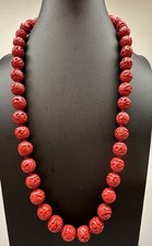 Genuine Carved Cinnabar Beaded Hand Knotted Necklace 29 Box Clasp