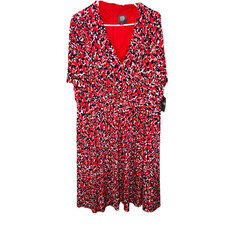 Vince Camuto Dress Women's 18W Red Floral Abstract Print Midi Ruched Waist NWT