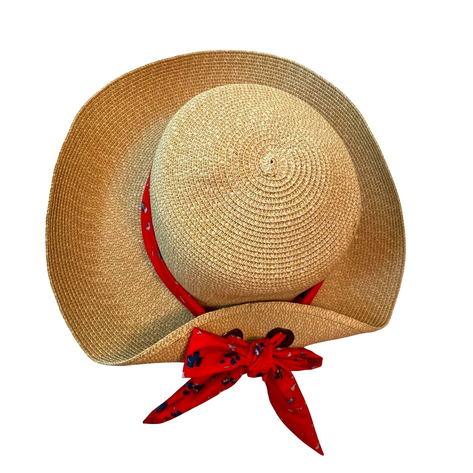 Nine West Womens Tan Straw Sun Hat Red Floral Scarf Tie Wide Brim Floppy Beach