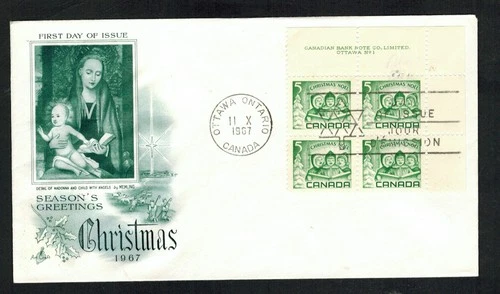 Canada #477, 1967 5¢ Caroling UR Plate block #1 Artcraft cachet FDC VF