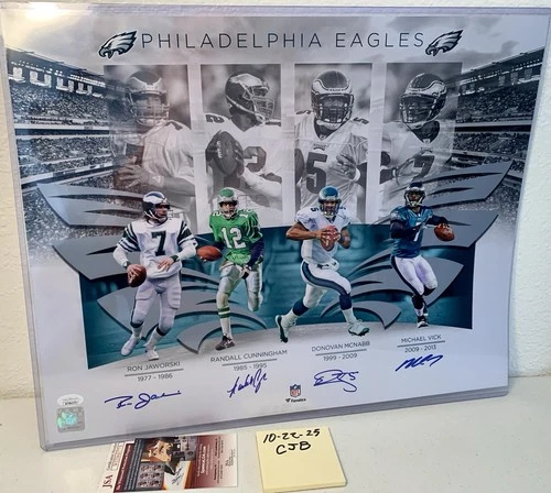 Philadelphia Eagles 4 QB's Cunningham Jaws McNabb Vick Signed 16x20 Photo JSA