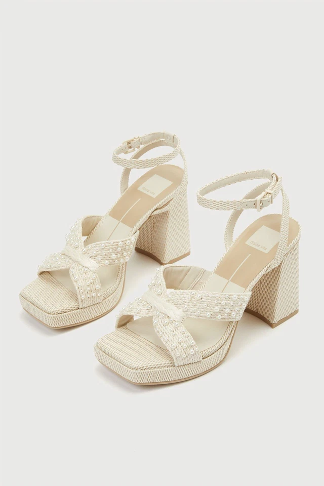 Dolce Vita Aries Vanilla Woven Pearl Ankle Strap Platform High Heel Sandals - Image 3 of 4