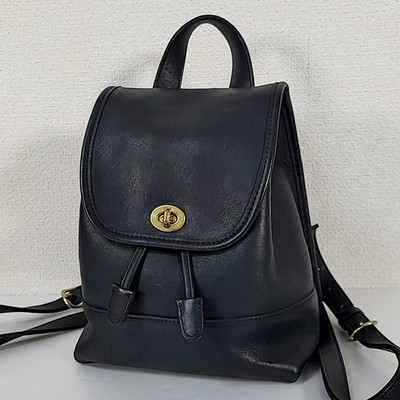 COACH 9960 Black Leather Mini Backpack Drawstring Flap Gold