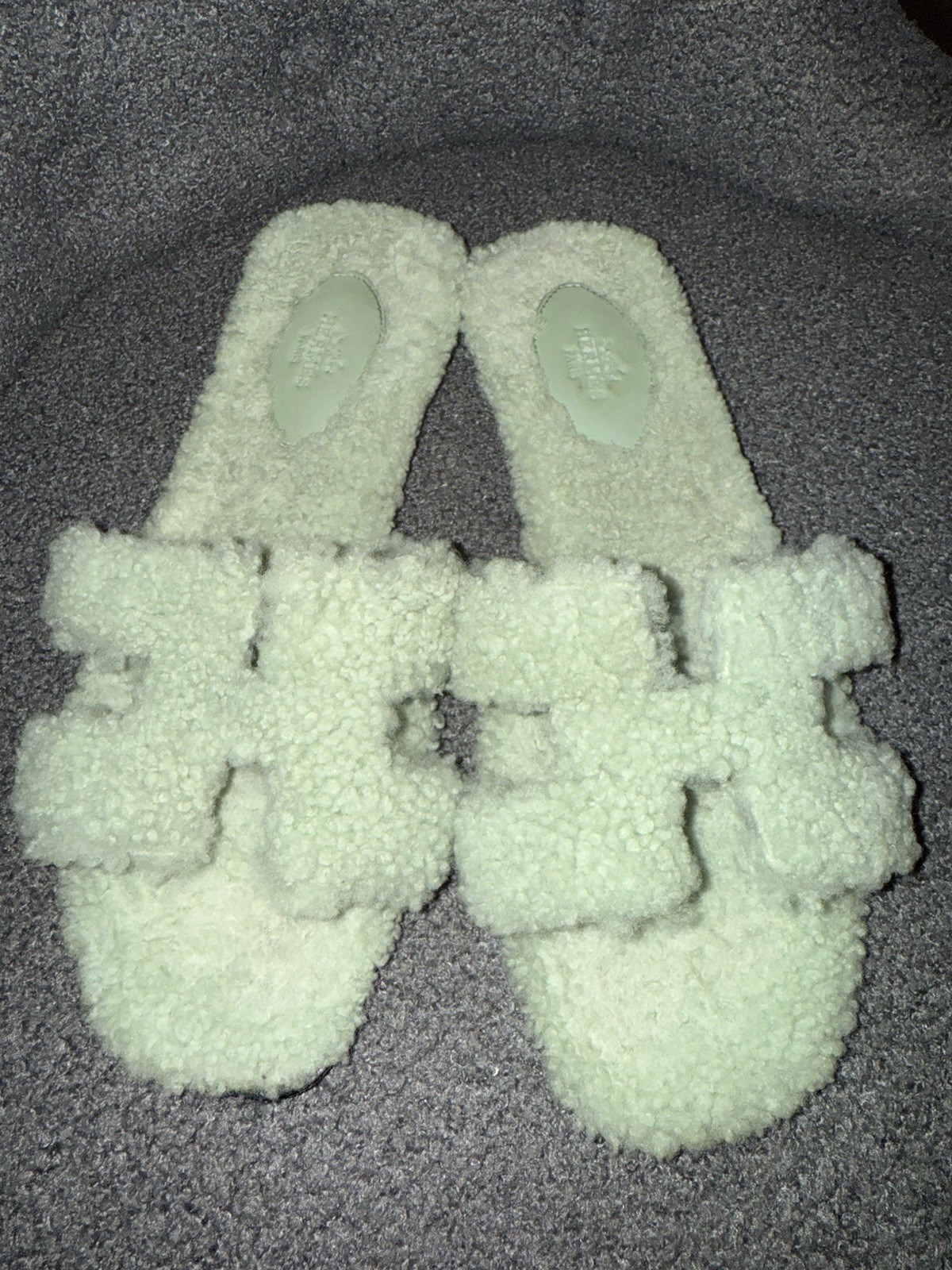 Hermes Limited Edition Teddy Oran Sandals Vert D’Eau Shearling Size 41