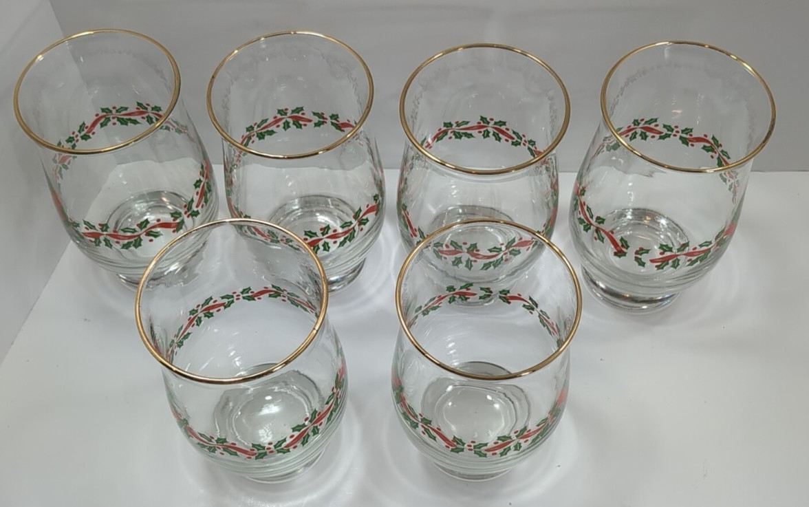 6 Libbey Christmas Holly Berry Glass Red Ribbon Tumbler Tulip Gold Rim 14 OZ
