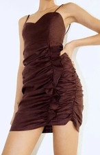 NEW Zara Linen Mini Dress Size M Brown Draped Ruched Body Con Light Stretch  NWT