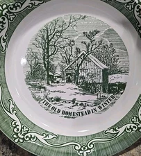 Vintage Currier & Ives "The Old Homestead in Winter" 10" Dinner Plate Green