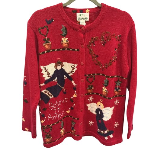 Cárdigan Suéter De Colección Quacker Factory Bordado I Believe in Angel Navidad - Imagen 1 de 9