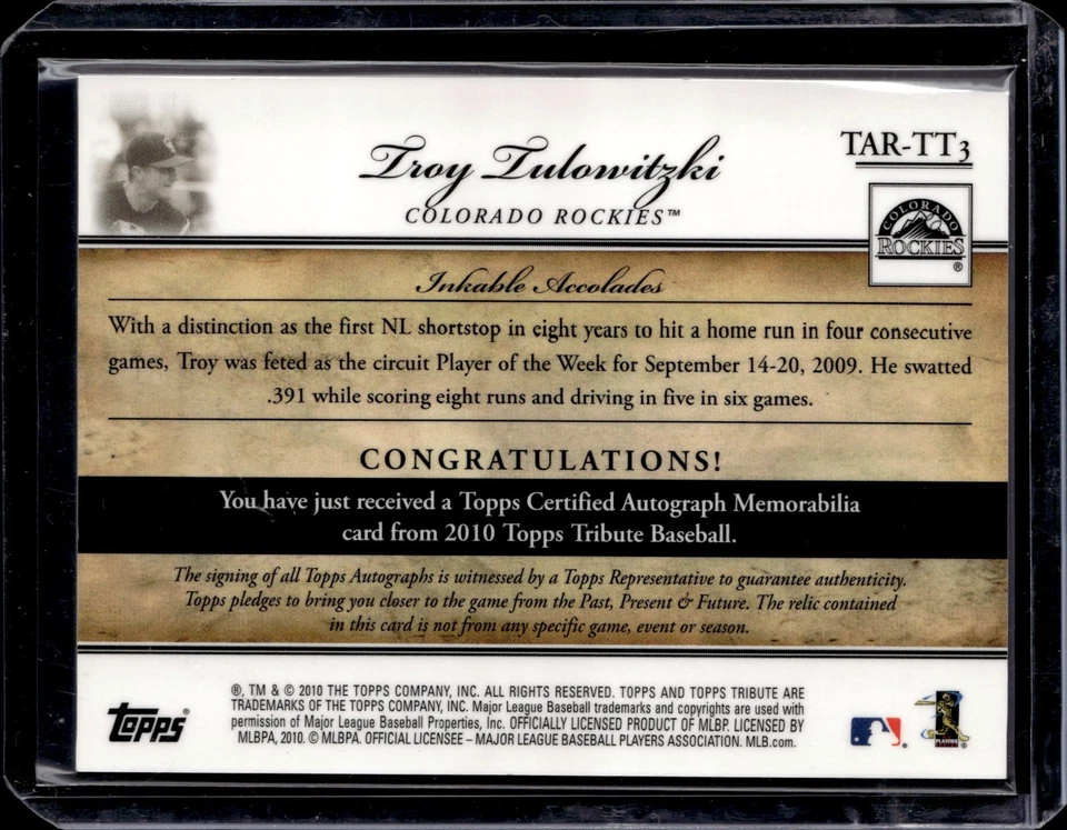 2010 Topps Tribute Relic Auto Black /50 Troy Tulowitzki - Image 2 of 2