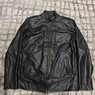Vintage Colombian Genuine Leather Moto Cafe Racer Jacket Black Gold Zip M 