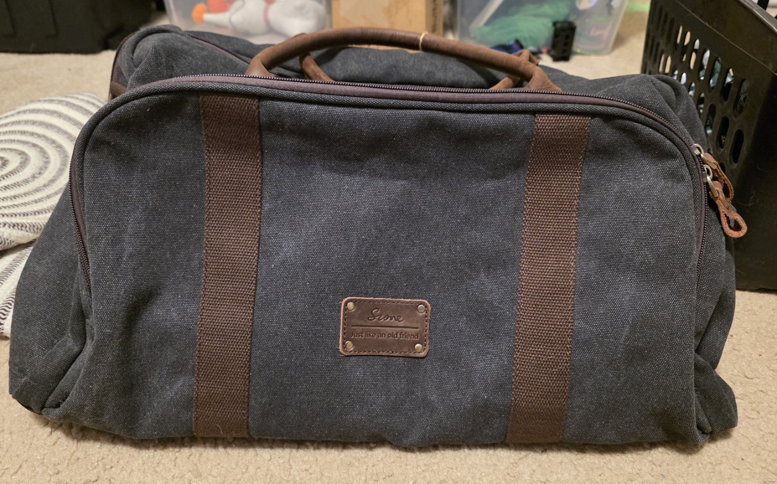 S-Zone Duffel Bag Weekender Leather Handles Heavy Canvas Str