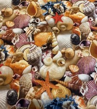 Elizabeth s Studio Fabric Beach Shells Starfish Print 36 x 44