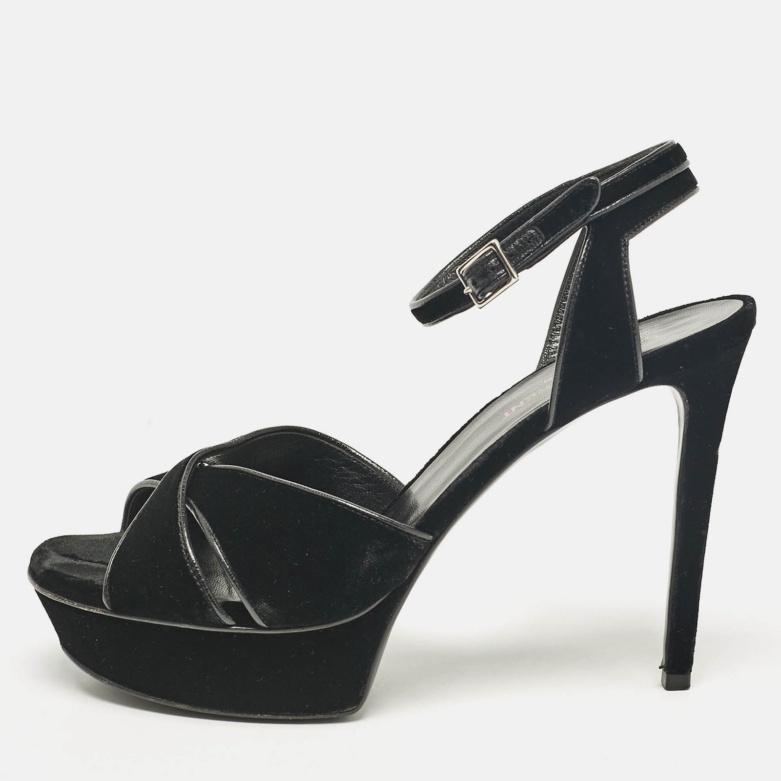 Saint Laurent Black Velvet Bianca Ankle Strap Sandals Size 39 EU