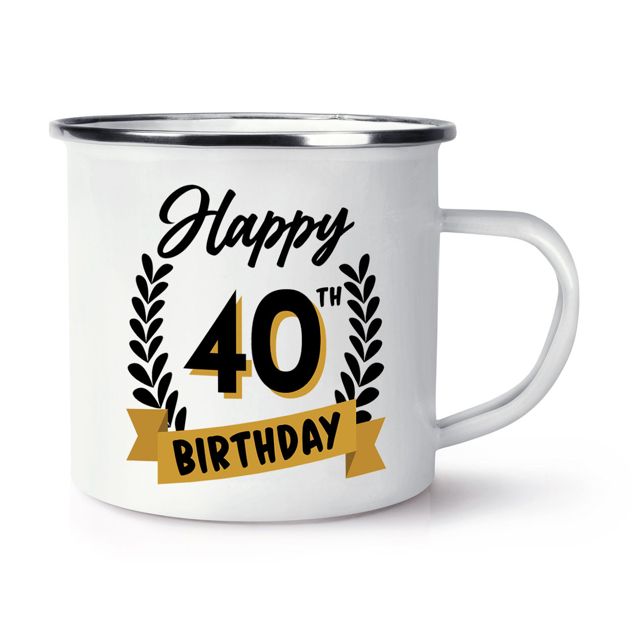 Happy 40th Birthday Black Gold Enamel Mug Cup Brother Sister Mum Dad