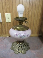 Converted Hand-Painted Antique Electric Lamp with Angel and Floral Motifs