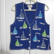 Vintage Mandal Bay Knit Vest Size S/P Blue with Plaid Sailboats  Beaded Detail