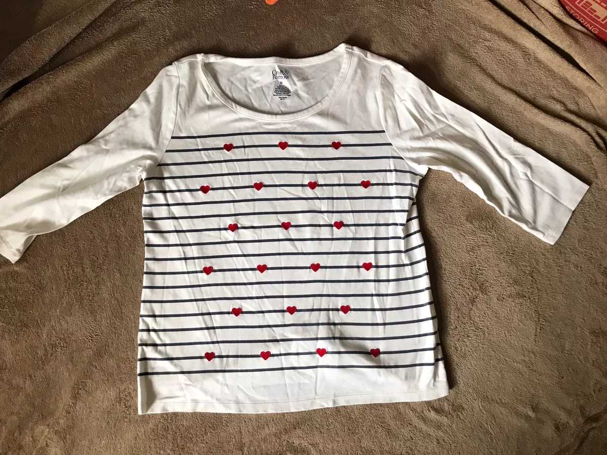 Croft Barrow Womens White Blue Stripes Red hearts top shirt 3 4 Sleeve Medium