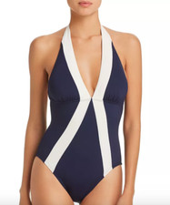 Vince Camuto Navy Color-Block Halter One Piece Swimsuit L134022 Size 12