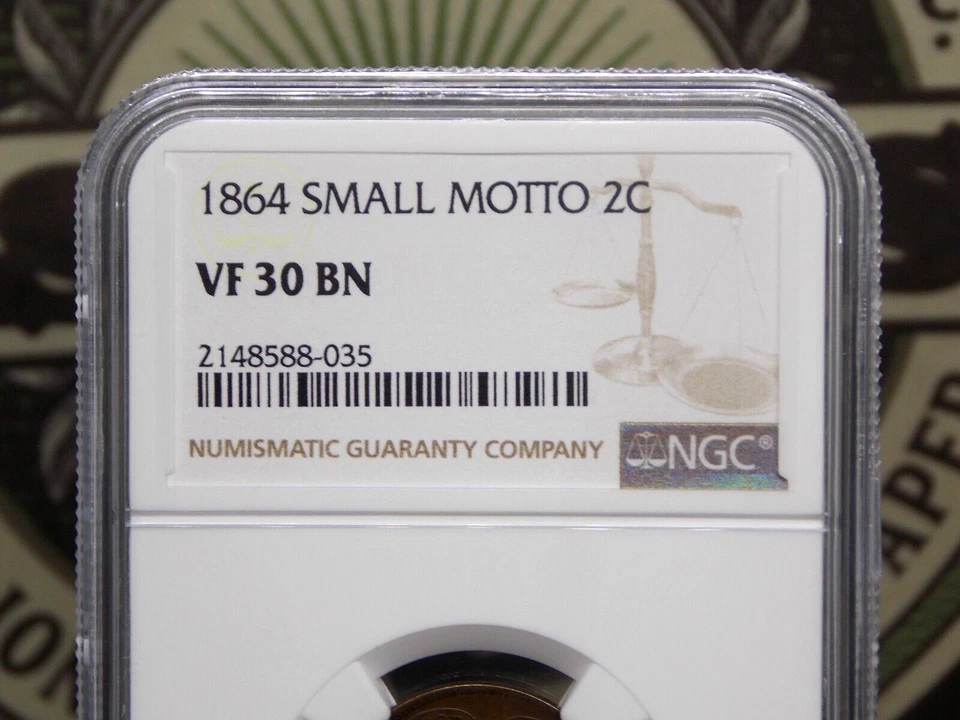 1864 Two 2 Cent Piece *SMALL MOTTO* 2c NGC VF30 BN #035 Very Fine *KEY* ECC&C - Image 4 of 4