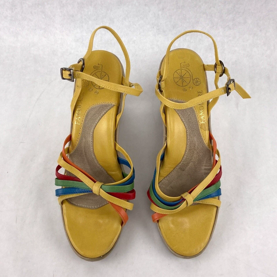 Vintage Famolare Shoes 6 Yellow 70s Hi-Up Leather Wavy Platform Strappy Wedge - Image 3 of 4
