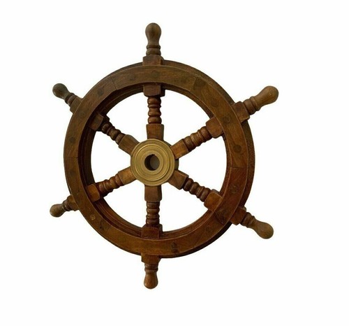 12" Wood Wheel Brass Ship Steering Wheel, Pirate and Wall Decor, Fishing Boat - Picture 3 of 8