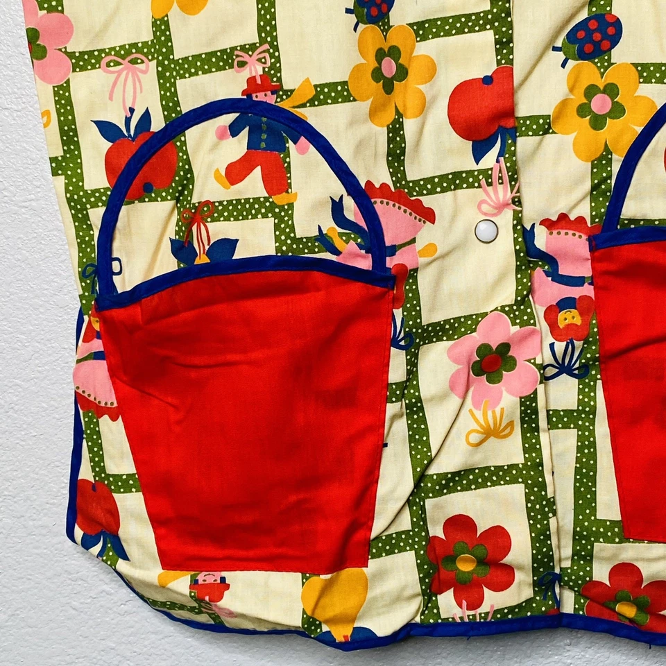 HANDMADE Vtg APRON Top Bucket Pockets Ladybugs Flowers 70s Retro - Image 2 of 4