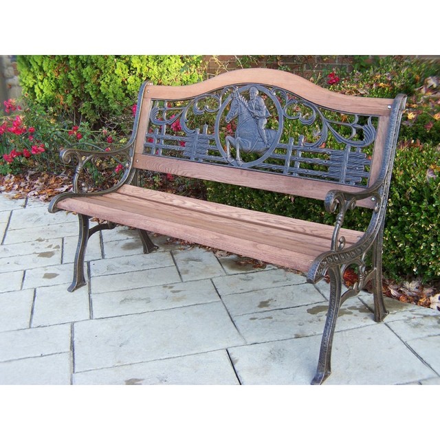Horse Theme Pattern Back Wood And Cast Iron Park Bench Antique