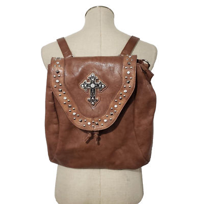 Brown Vegan Leather Backpack Rhinestone Cross Studded | eBay