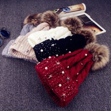 Fashion Womens Lady Faux Fur Ball Winter Warm Crochet Knitted Hat Cap Beanie