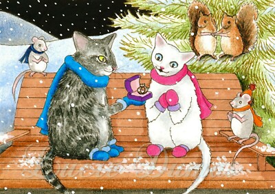 ACEO miniature art print Cat 448 proposal mouse squirrel art painting by L.Dumas