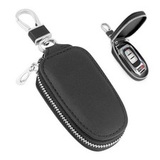 Stylish PU Leather Car Key Fob Protector with Zipper Keychain,Universal Black