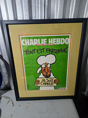Charlie Hebdo Framed ''Tout Est Pardonné'' Cartoon Print Vertical 1178