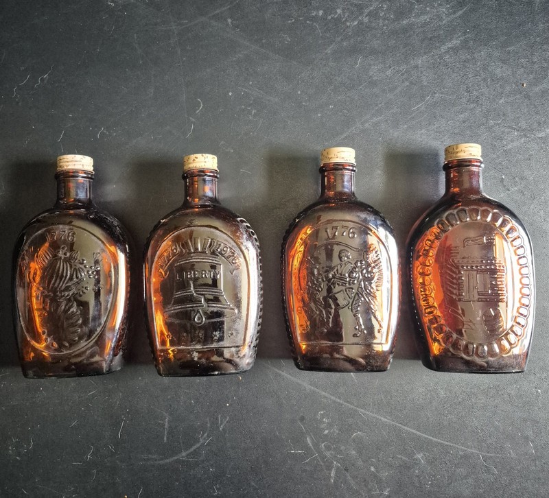 Log Cabin Syrup 1976 Bicentennial Flasks Set of 4 Amber Glass Bottles with Lids
