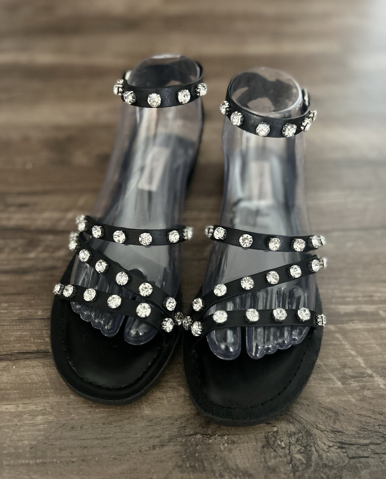 Steve Madden Black Rhinestone Studded Sandals Size 8 Ankle Strap