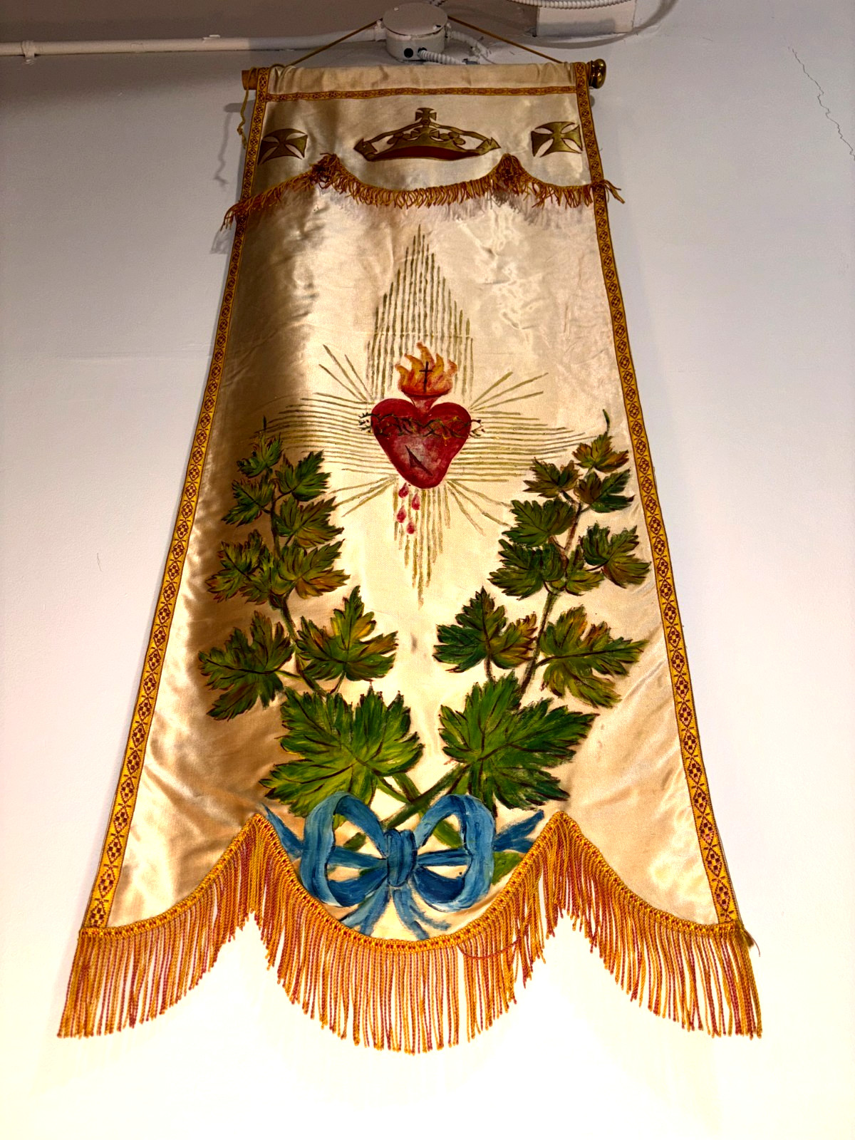 Vintage Hand Painted Silk Christian Church Banner Sacred Heart Painting