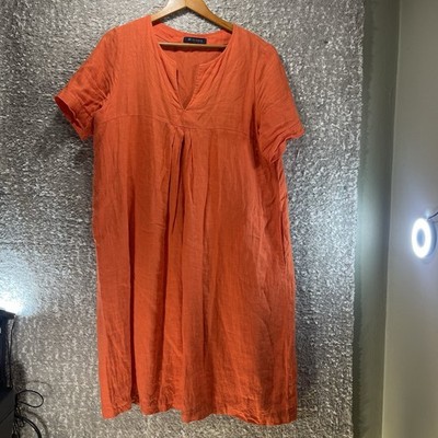 Va Bene Dress Women s 42 Coral Orange 100% Linen Made In Italy Pockets Bohemian
