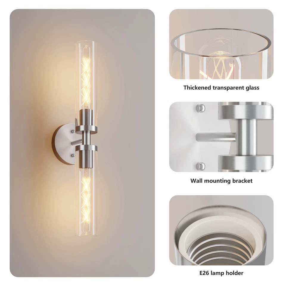 2 Pack 12" Modern Nickel Wall Light LED Sconce Glass Shade Mirror Lamp Fixtures - Image 4 of 4