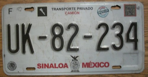 SINGLE MEXICO state of SINALOA LICENSE PLATE - UK-82-234 - CAMION