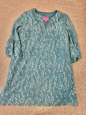 #ad #ad Lily Pulitzer Women Turquoise amp; Gold White Flecked V Neck 3 4 Sleeve Dress L $60.00