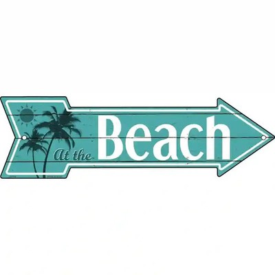 At the Beach Arrow Metal Sign - 17'' x 5'' Coastal Beach House Wall Decor