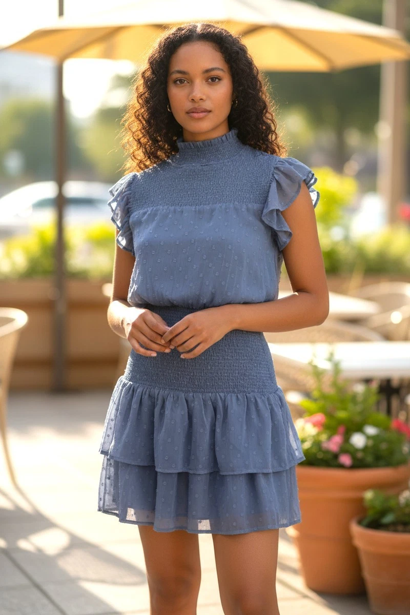aqua ruffle short sleeve smocked mini dress MSRP Aqua Printed Smocked Mini Dress Size XS, Women's, Blue