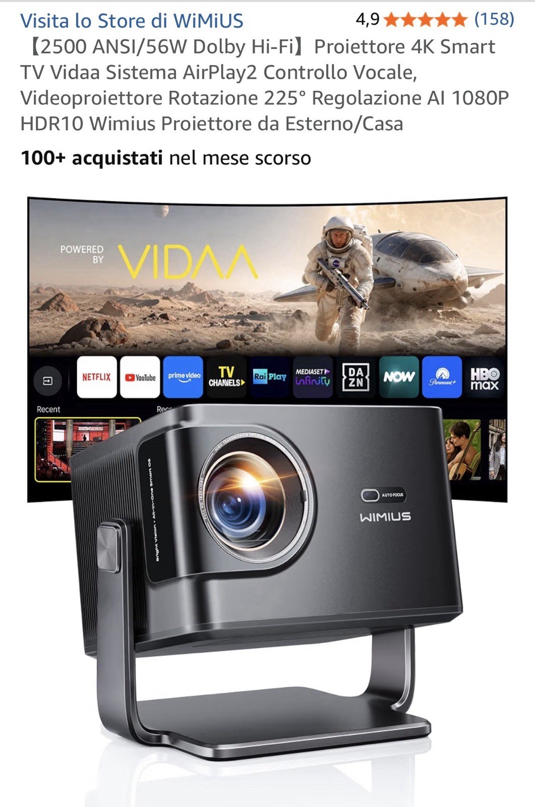 WiMiUS Vidaa Proiettore Smart TV 2500 ANSI 1080P HDR10 AirPlay2 Nero
