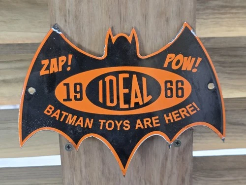 VINTAGE BATMAN PORCELAIN SIGN 1966 BAT SHAPED CARTOON CHILDS TOY HERO POW 6"x8"