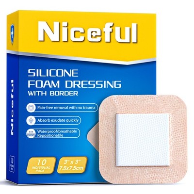 Niceful Silicone Foam Dressing 3x3in Wound Bandages Waterproof 10 Pcs