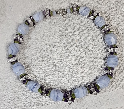 Ross Simons Sterling Beaded Necklace Blue Lace Agate/Amethyst/Peridot/Quartz
