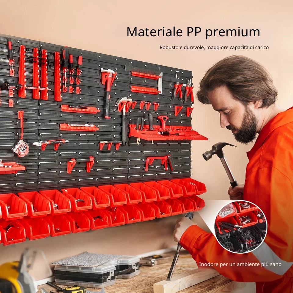 PANNELLO DA PARETE 30pz PORTAUTENSILI MINUTERIA ORGANIZZATORE OFFICINA GARAGE - Imagen 4 de 4